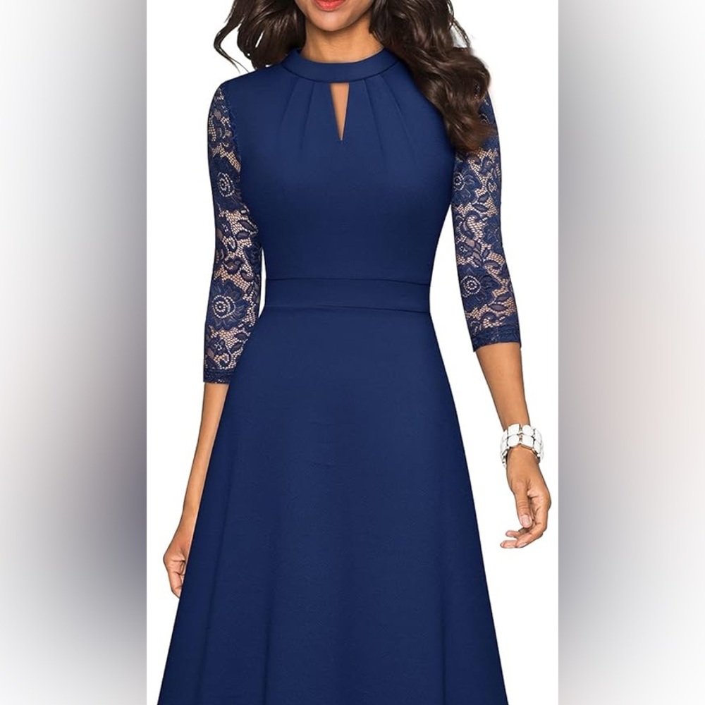 Elegant Navy Blue Long Sleeve Lace Dress